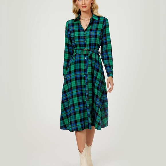 Women's Plaid Maxi Dress Long Sleeve Collared Belted Button Down Casual - Picture 4 of 6